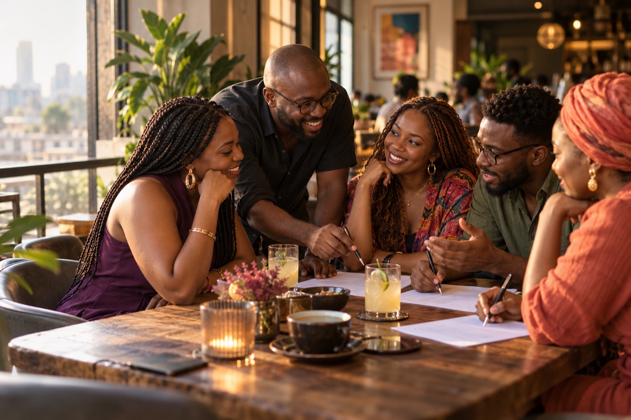 Illustrative scene of Nigerian adults working together on trivia answers at a café